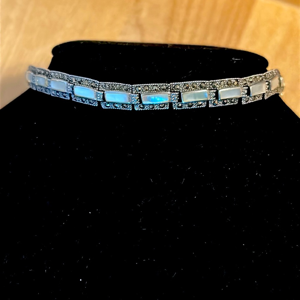925 Sterling Marcasite and MOP Link Bracelet